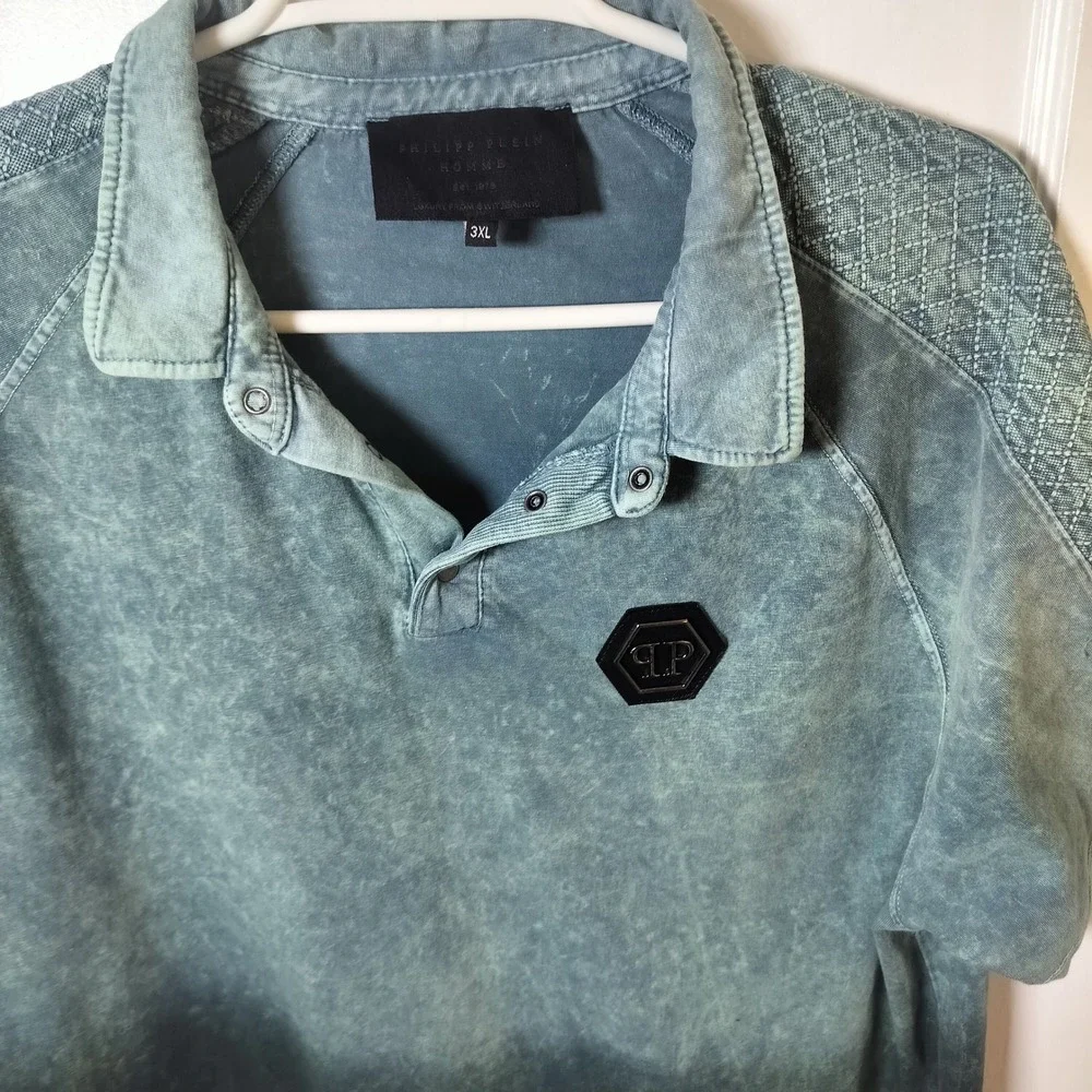 Philipp Plein Homme Mens 3XL Ombre Acid Wash Polo Shirt Teal Green Quilted Logo